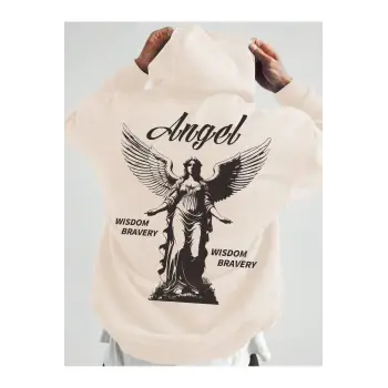 Manfinity Hypemode Letter & Figure Graphic Kangaroo Pocket Drawstring Hoodie Bej