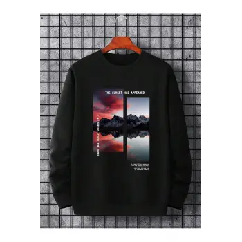 Manfinity Hypemode Mountain & Slogan Graphic Sweatshirt Siyah