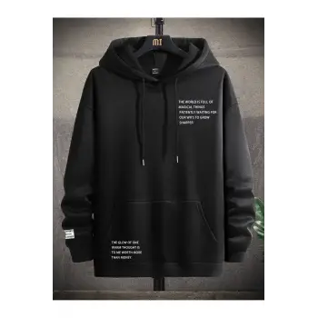 Manfinity Hypemode Slogan Graphic Kangaroo Pocket Drawstring Hoodie Siyah