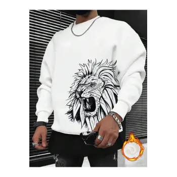 Manfinity LEGND Lion Print Lined Sweatshirt Beyaz