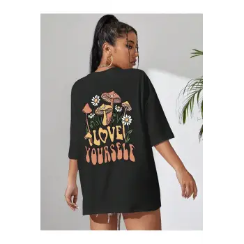 Mantar & Slogan Grafikli Düşük Omuzlu Tişört