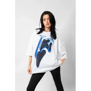 Mask Baskılı Beyaz Unisex Oversize