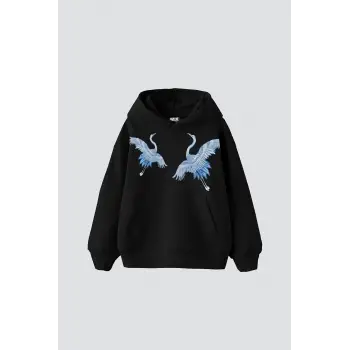 Mavi Turna Baskılı Oversize Unisex Premium Siyah