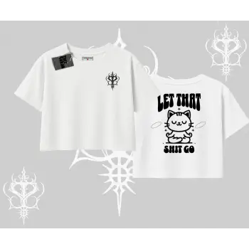 Meditasyon Yapan Kedi Baskılı Oversize Crop Tshirt