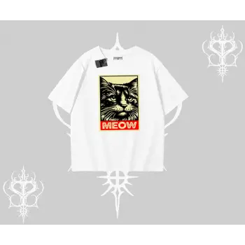Meow Yazılı Kedi Portre Baskılı Oversize Tshirt