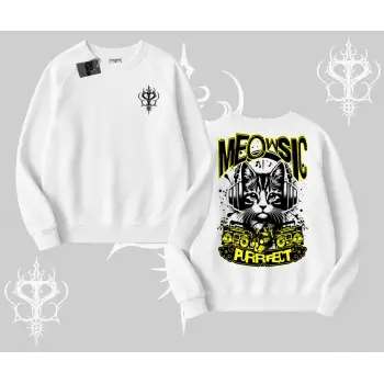 Meowsic Purrfect Kedi Arka Baskılı Biskilet Sweatshirt