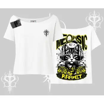 Meowsic Purrfect Kedi Arka Baskılı Kayık Yaka Tshirt