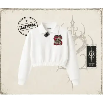 Metallica Kadın Kadın Crop Polo Yaka Yarım Fermuarlı Sweatshirt Beyaz