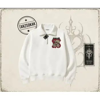 Metallica Kadın Unisex Polo Yaka Yarım Fermuarlı Sweatshirt Beyaz