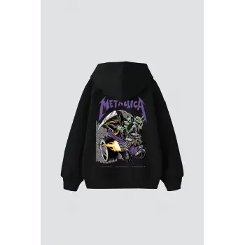 Metallica Mor Sırt Baskılı Siyah Oversize Kapüşonlu