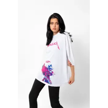 Metallica Neon Pembe Baskılı Beyaz Unisex Oversize