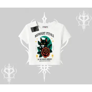 Midnight Petals Kedi Baskılı Babby Tee Tshirt
