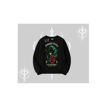 Midnight Petals Kedi Baskılı Biskilet Sweatshirt