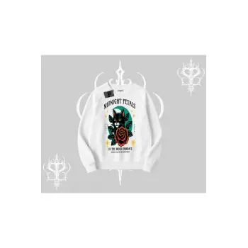 Midnight Petals Kedi Baskılı Biskilet Sweatshirt