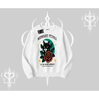 Midnight Petals Kedi Baskılı Biskilet Sweatshirt