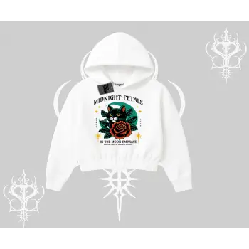 Midnight Petals Kedi Baskılı Kapşonlu Crop Sweatshirt