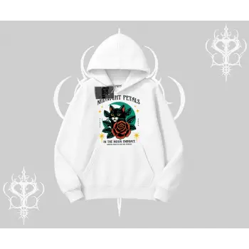 Midnight Petals Kedi Baskılı Kapşonlu Sweatshirt