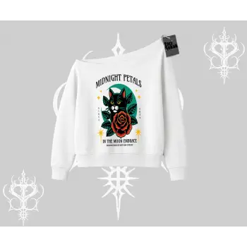 Midnight Petals Kedi Baskılı Kayık Yaka Sweatshirt