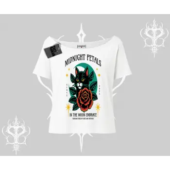 Midnight Petals Kedi Baskılı Kayık Yaka Tshirt