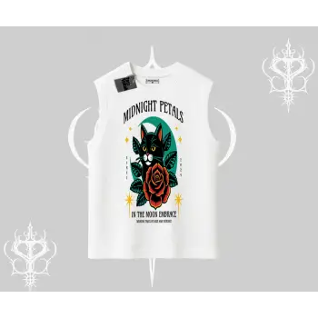 Midnight Petals Kedi Baskılı Kolsuz Tshirt