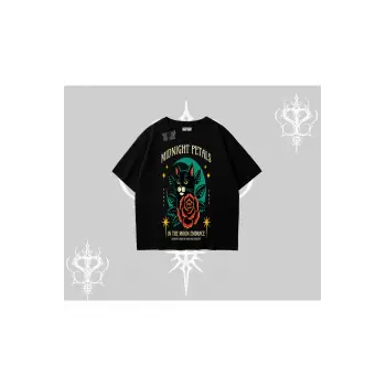 Midnight Petals Kedi Baskılı Oversize Tshirt