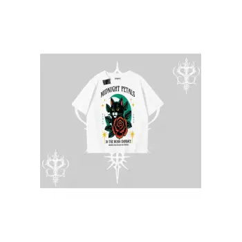 Midnight Petals Kedi Baskılı Oversize Tshirt