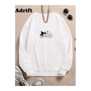 Minimal Örümcek Renkli Oversize Bisiklet Yaka Pamuklu Sweatshirt Beyaz