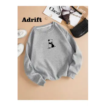 Minimal Örümcek Renkli Oversize Bisiklet Yaka Pamuklu Sweatshirt Gri