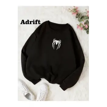 Minimal Örümcek Renkli Oversize Bisiklet Yaka Pamuklu Sweatshirt Siyah