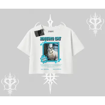 Missing Cat Baskılı Oversize Crop Tshirt