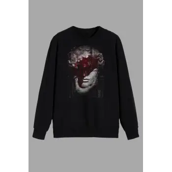 Mitoloji Renkli Heykel Baskılı Siyah Sweatshirt