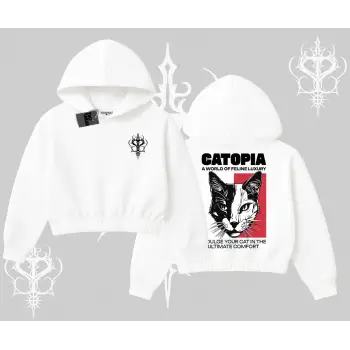Modern Kedi Temalı Arka Baskılı Kapşonlu Crop Sweatshirt