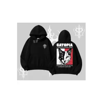 Modern Kedi Temalı Arka Baskılı Kapşonlu Sweatshirt