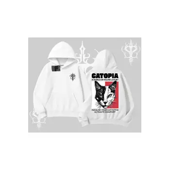 Modern Kedi Temalı Arka Baskılı Kapşonlu Sweatshirt