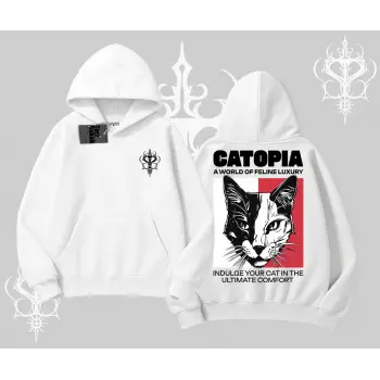 Modern Kedi Temalı Arka Baskılı Kapşonlu Sweatshirt