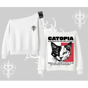 Modern Kedi Temalı Arka Baskılı Kayık Yaka Sweatshirt