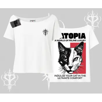 Modern Kedi Temalı Arka Baskılı Kayık Yaka Tshirt