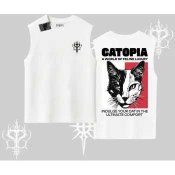 Modern Kedi Temalı Arka Baskılı Kolsuz Tshirt