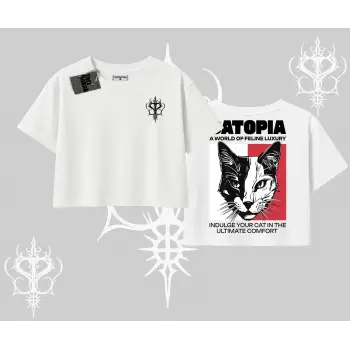 Modern Kedi Temalı Arka Baskılı Oversize Crop Tshirt