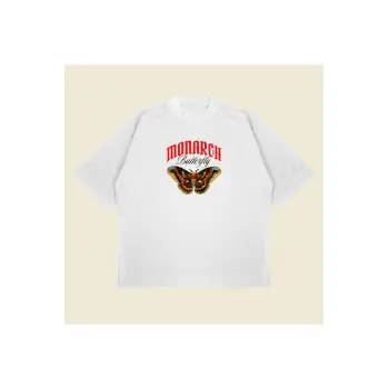Monarch Butterfly Baskılı Oversize Unisex Pamuklu Nefes Alan Kalın Kumaşlı