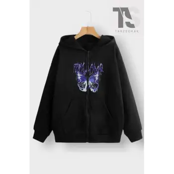 Mor Kelebek Yazılı Sweatshirt Fermuarlı Hırka