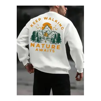 Mountain & Slogan Graphic Drop Shoulder Sweatshirt Beyaz