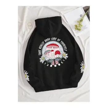 Mushroom & Slogan Graphic Kangaroo Pocket Drawstring Hoodie Siyah
