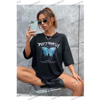 My Blog Siyah Kelebek Baskılı Oversize