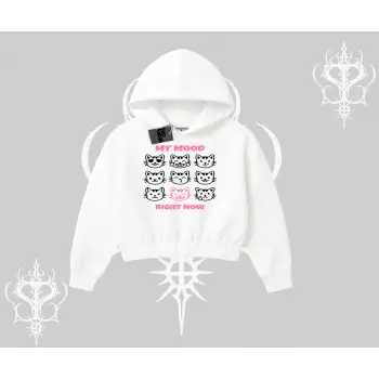My Mood Right Now Yazılı Sevimli Kedi Kapşonlu Crop Sweatshirt