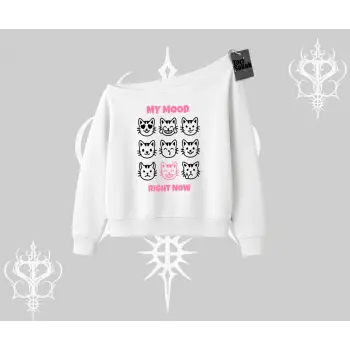 My Mood Right Now Yazılı Sevimli Kedi Kayık Yaka Sweatshirt