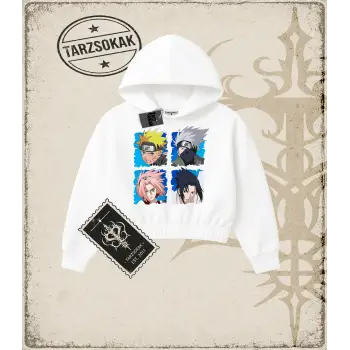 Naruto Anime Baskılı Kadın Crop Kapşonlu Sweatshirt