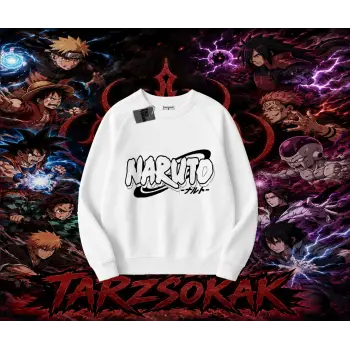 Naruto Uzumaki Premium Anime Oversize Unisex Bisiklet Yaka Sweatshirt Beyaz