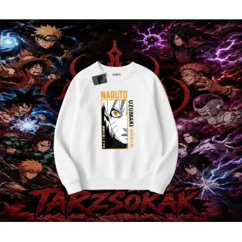 Naruto Uzumaki Premium Anime Oversize Unisex Bisiklet Yaka Sweatshirt Beyaz