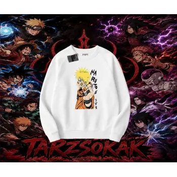 Naruto Uzumaki Premium Anime Oversize Unisex Bisiklet Yaka Sweatshirt Beyaz